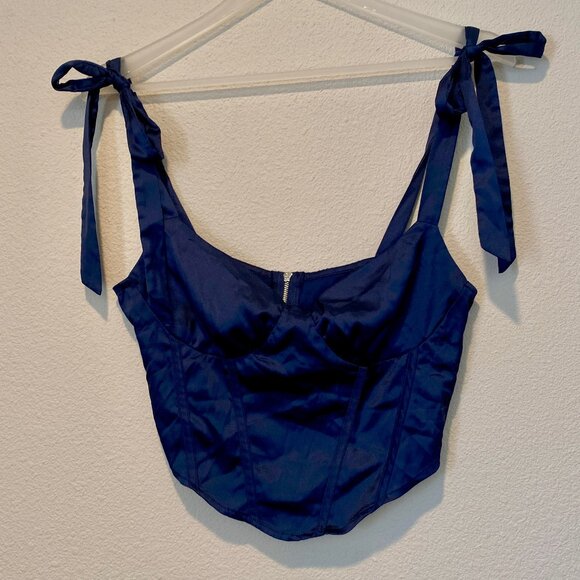 Navy Blue Satin Corset Crop Top‎ with Tie Straps – Size Medium - Picture 1 of 3